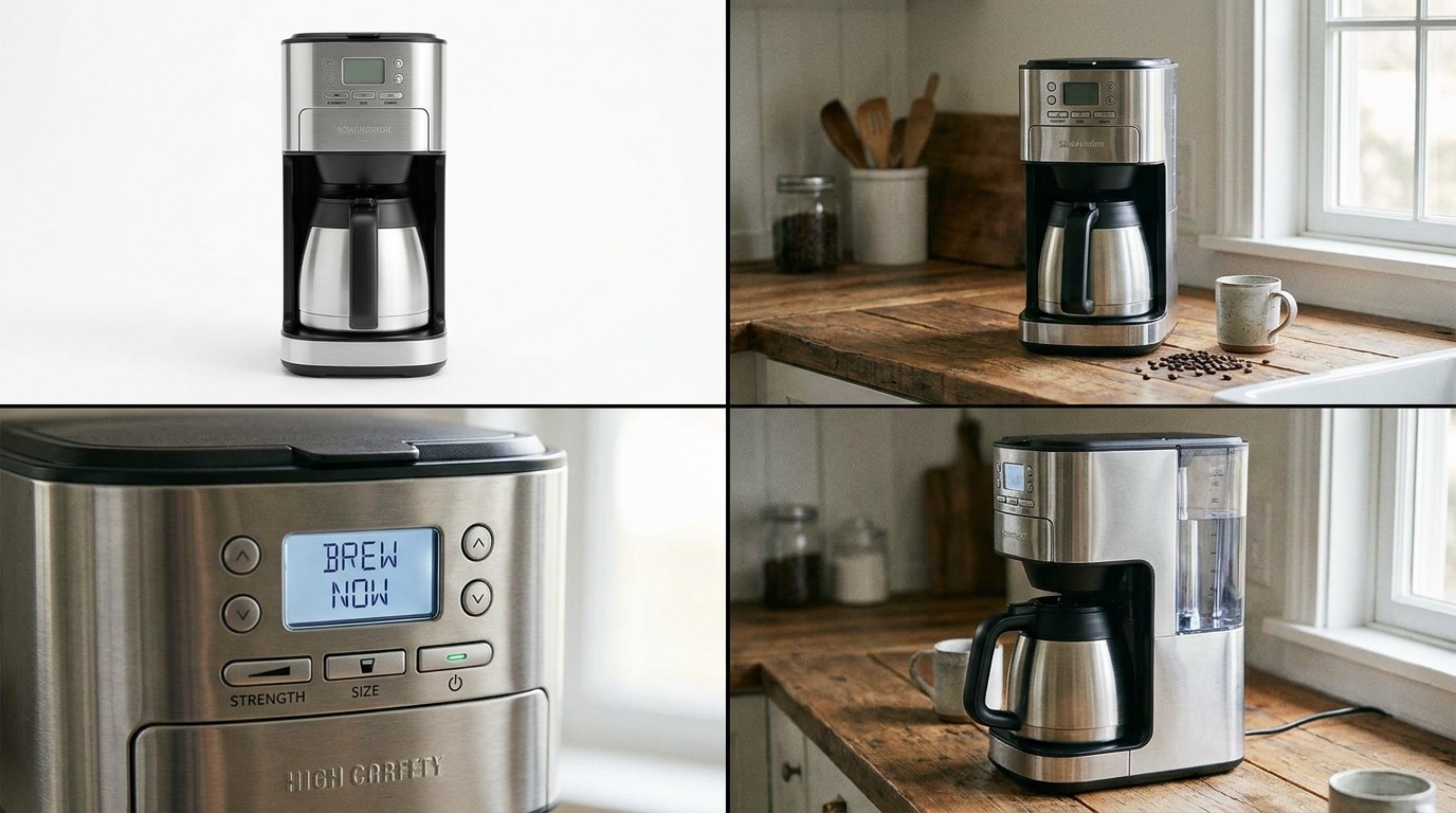  2x2 grid of a coffee maker: a clean studio packshot, the same item on a kitchen counter, a close-up of the control panel/buttons, and a side-angle view.